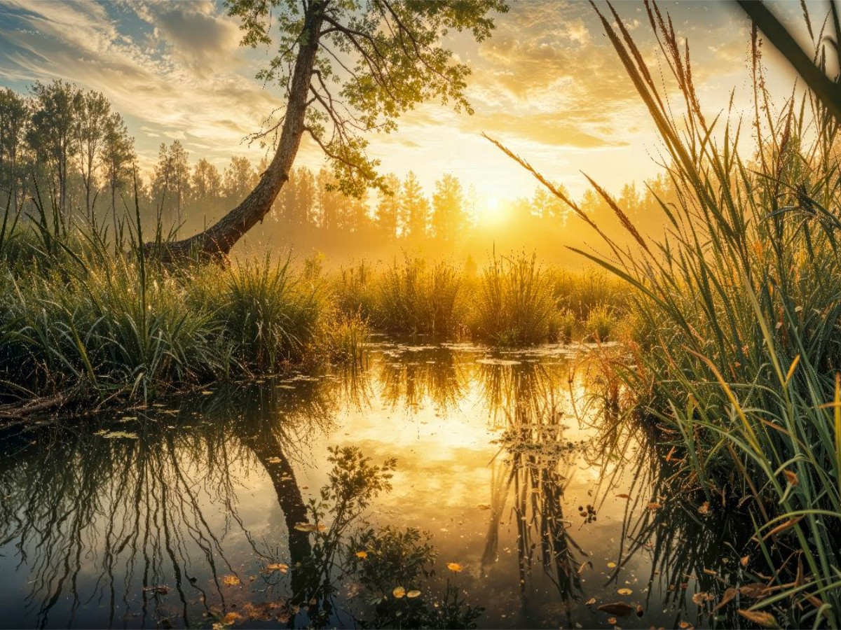 Ein Natursee spiegelt die aufgehende Sonne – der Sommer zeigt seine stille Seite