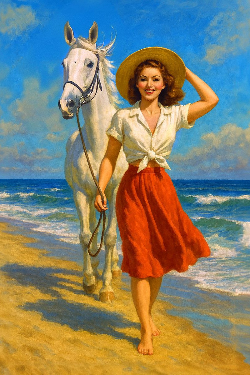 Ein Tag am Strand - Frau der 50er Jahre mit Pferd