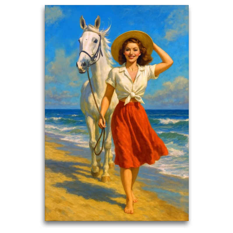 Ein Tag am Strand - Frau der 50er Jahre mit Pferd