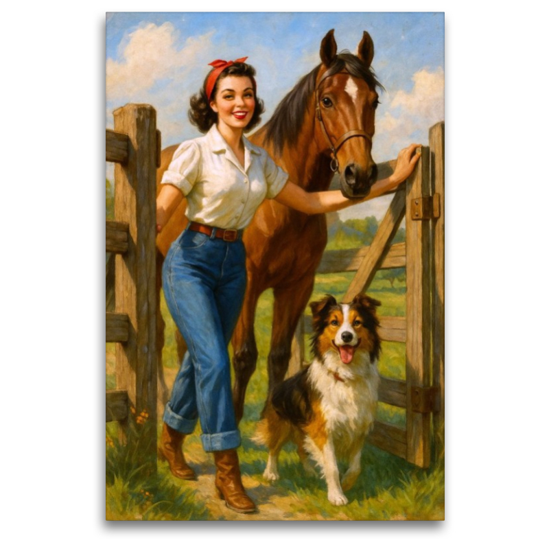 Frau der 50er Jahre mit Pferd und Hund
