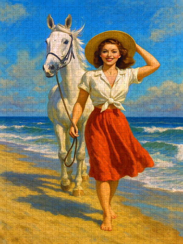 Ein Tag am Strand - Frau der 50er Jahre mit Pferd