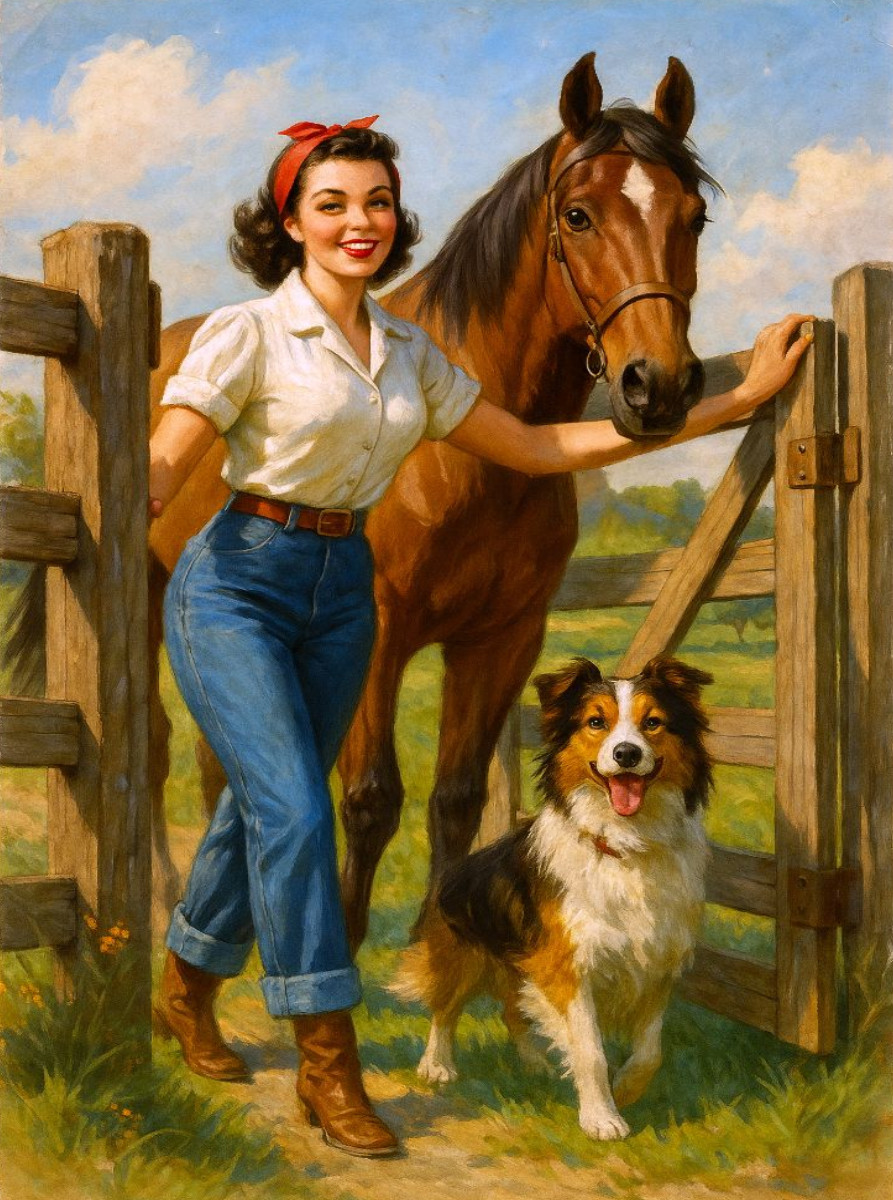 Frau der 50er Jahre mit Pferd und Hund