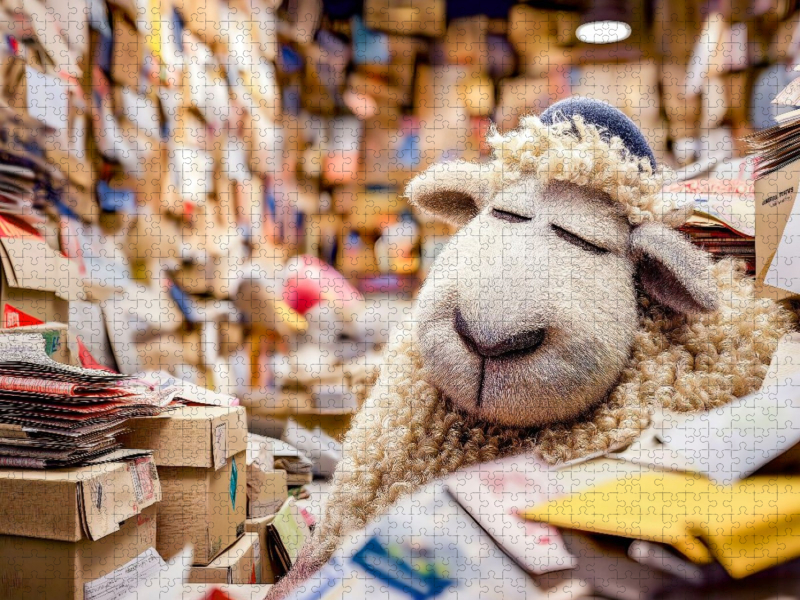 Schaf schläft friedlich im Paketzentrum Regal