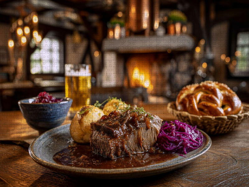 Deutschland: Sauerbraten mit Klößen und Rotkohl