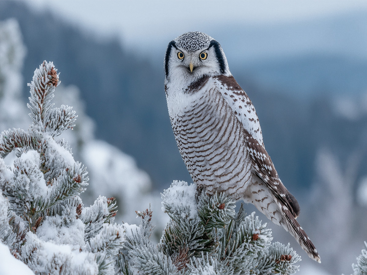 Sperbereule im frostigen Nadelwald