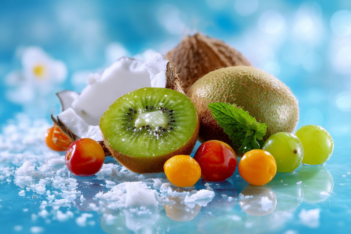 Stillleben mit Kiwis und Kokosnuss