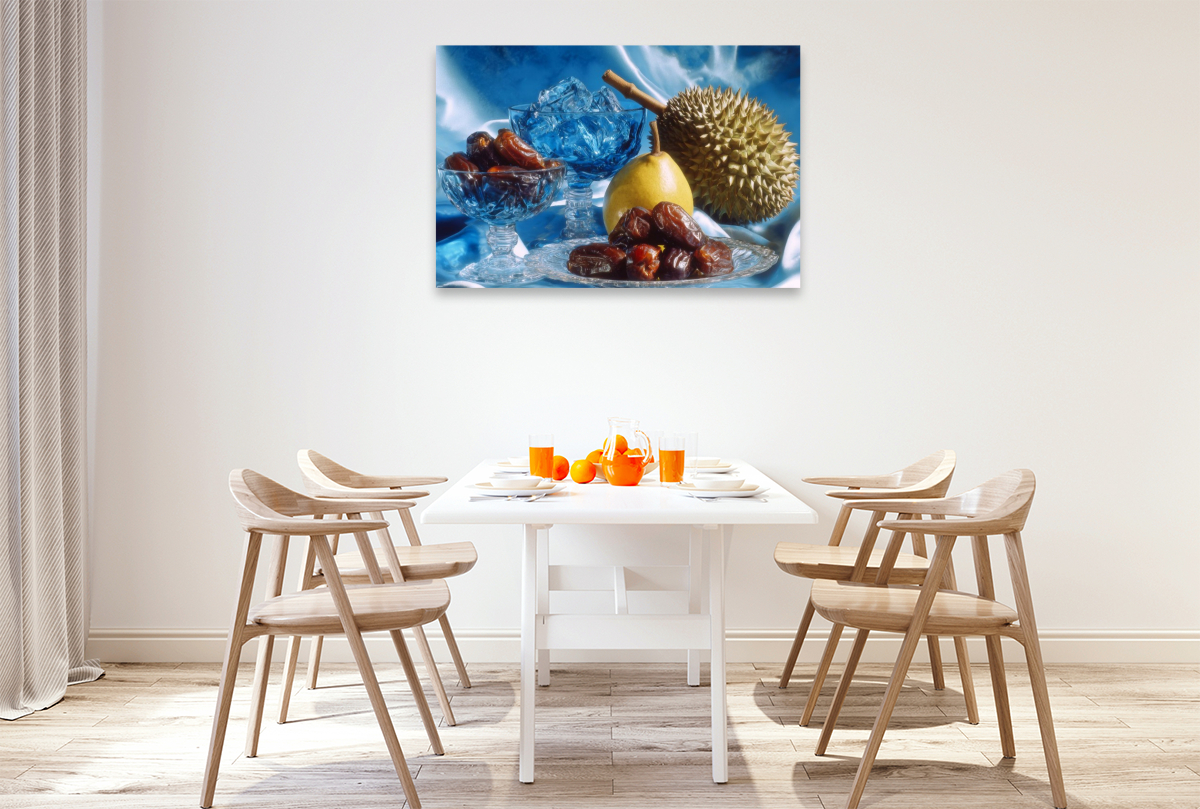 Stillleben mit Datteln, Durian und Birne