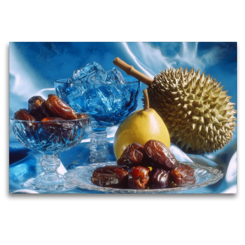 Stillleben mit Datteln, Durian und Birne