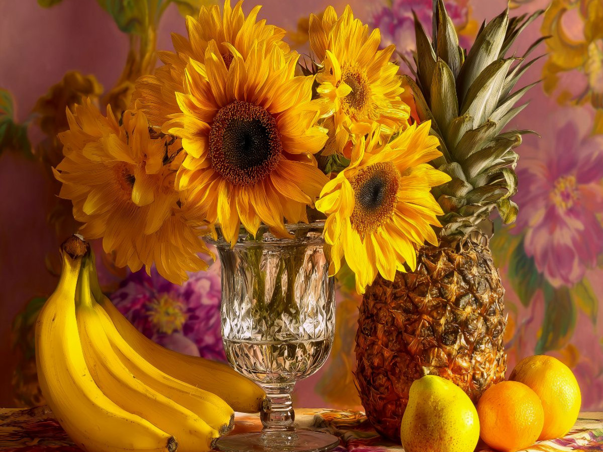 Stillleben in Gelb mit Sonnenblumen, Bananen und Ananas