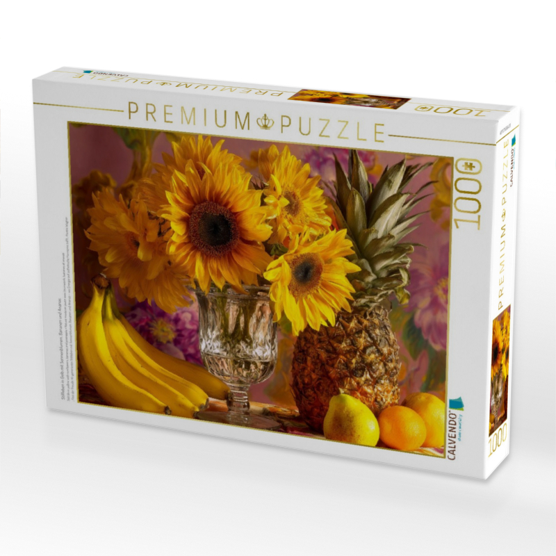 Stillleben in Gelb mit Sonnenblumen, Bananen und Ananas