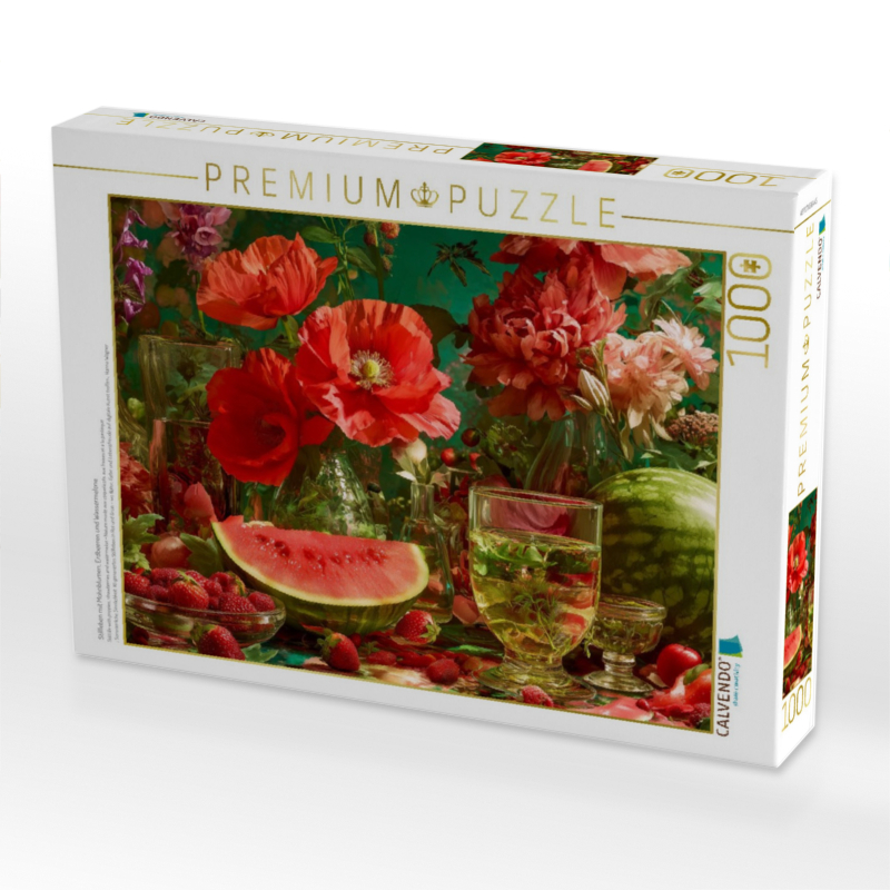 Stillleben mit Mohnblumen, Erdbeeren und Wassermelone