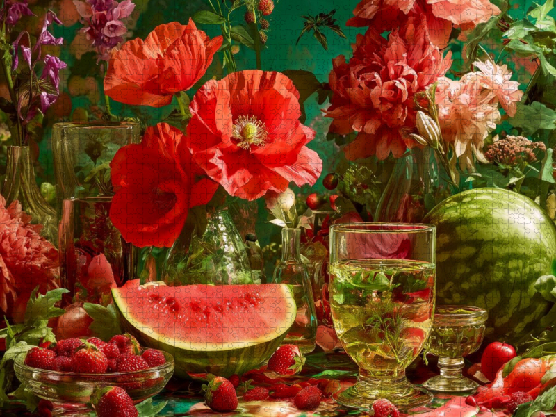 Stillleben mit Mohnblumen, Erdbeeren und Wassermelone