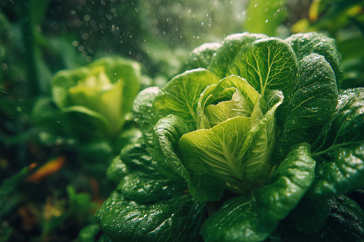Frischer Kopfsalat im Garten wächst im satten Grün
