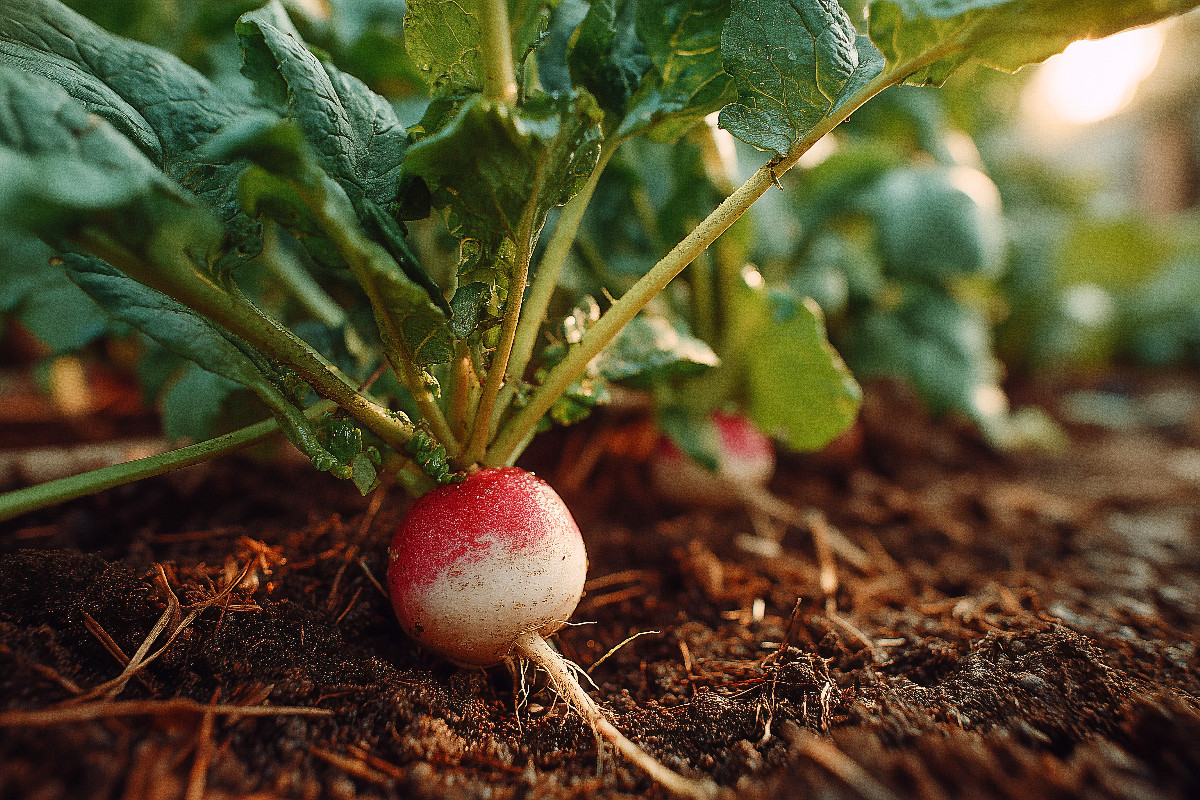 Radieschen frisch im Gartenbeet