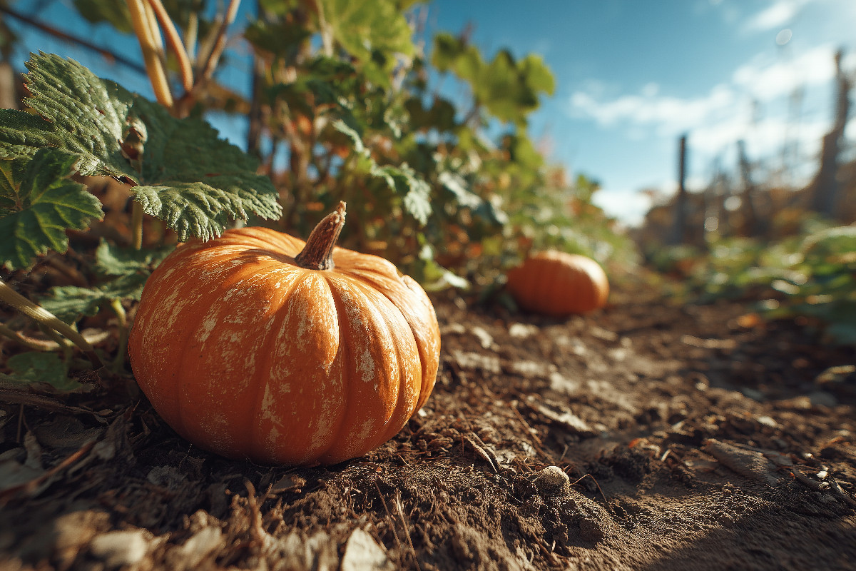 Kürbis im Gartenbeet bei Sonnenschein