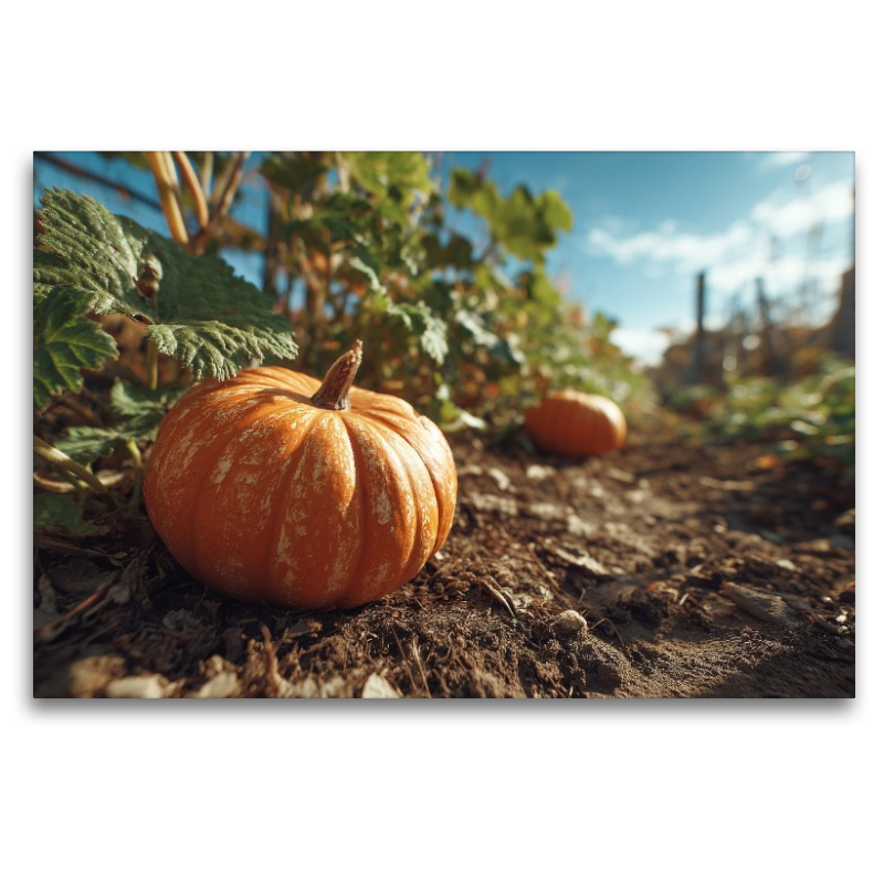 Kürbis im Gartenbeet bei Sonnenschein