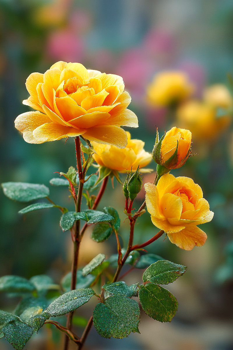 Gelbe Rosen blühend im Frühlingsgarten