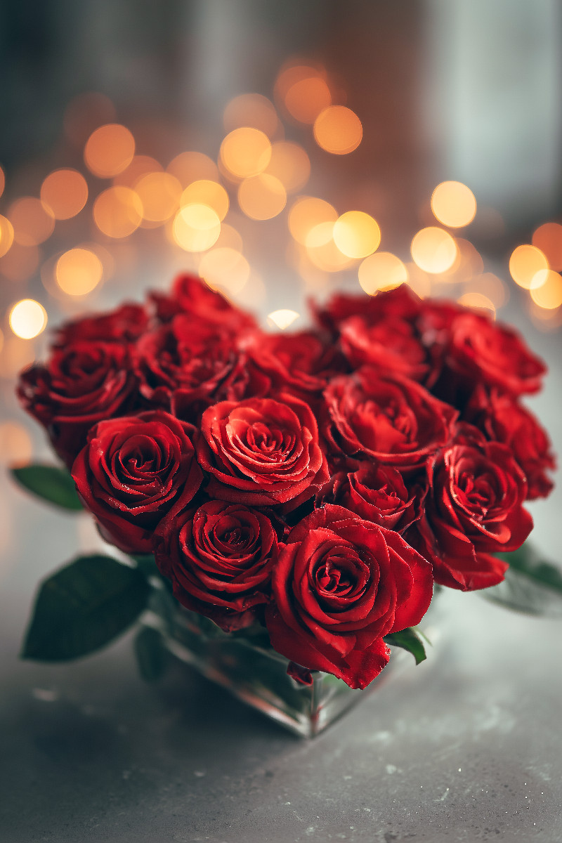 Rosenherz mit romantischem Licht, rote Rosen