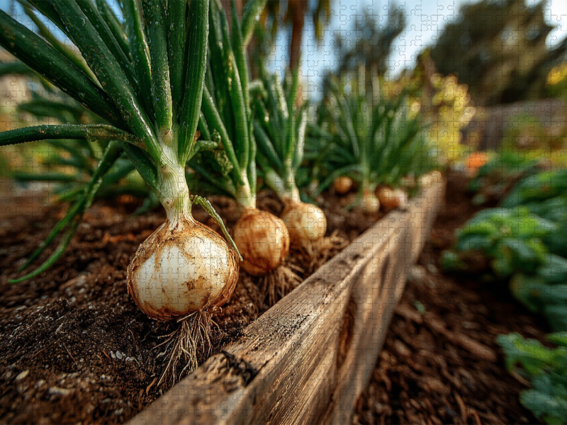 Frische Zwiebeln wachsen im Gartenbeet