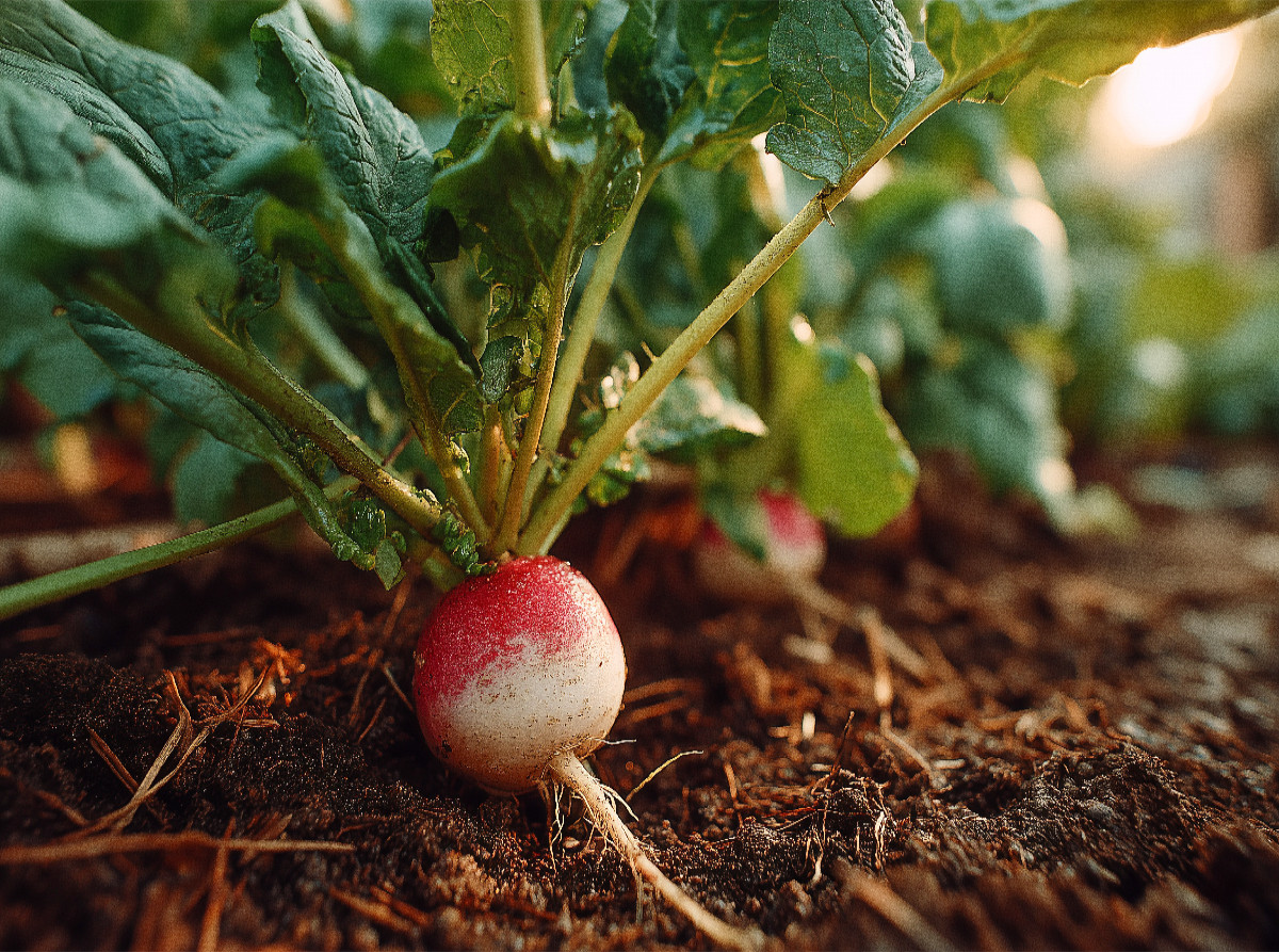 Radieschen frisch im Gartenbeet