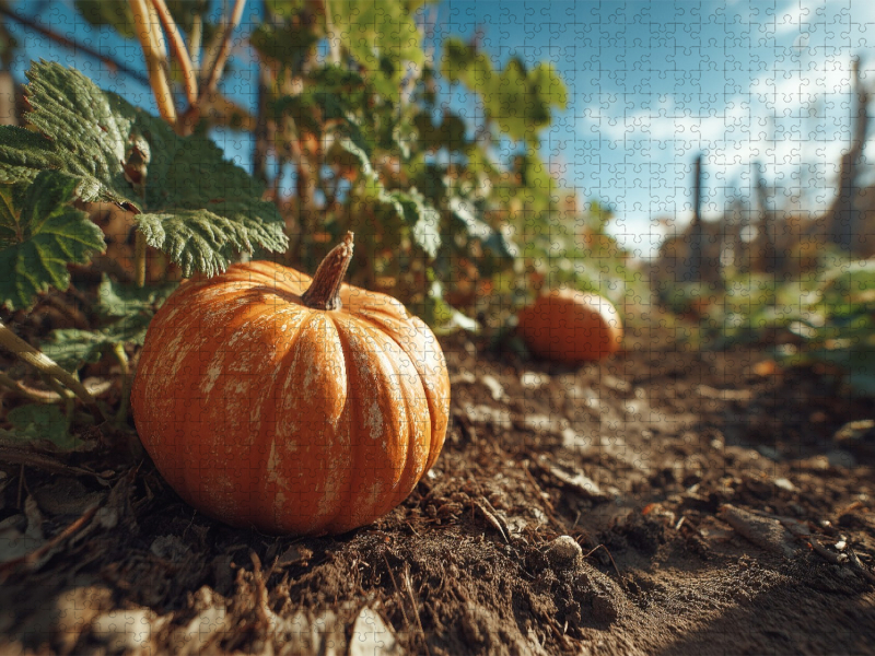 Kürbis im Gartenbeet bei Sonnenschein
