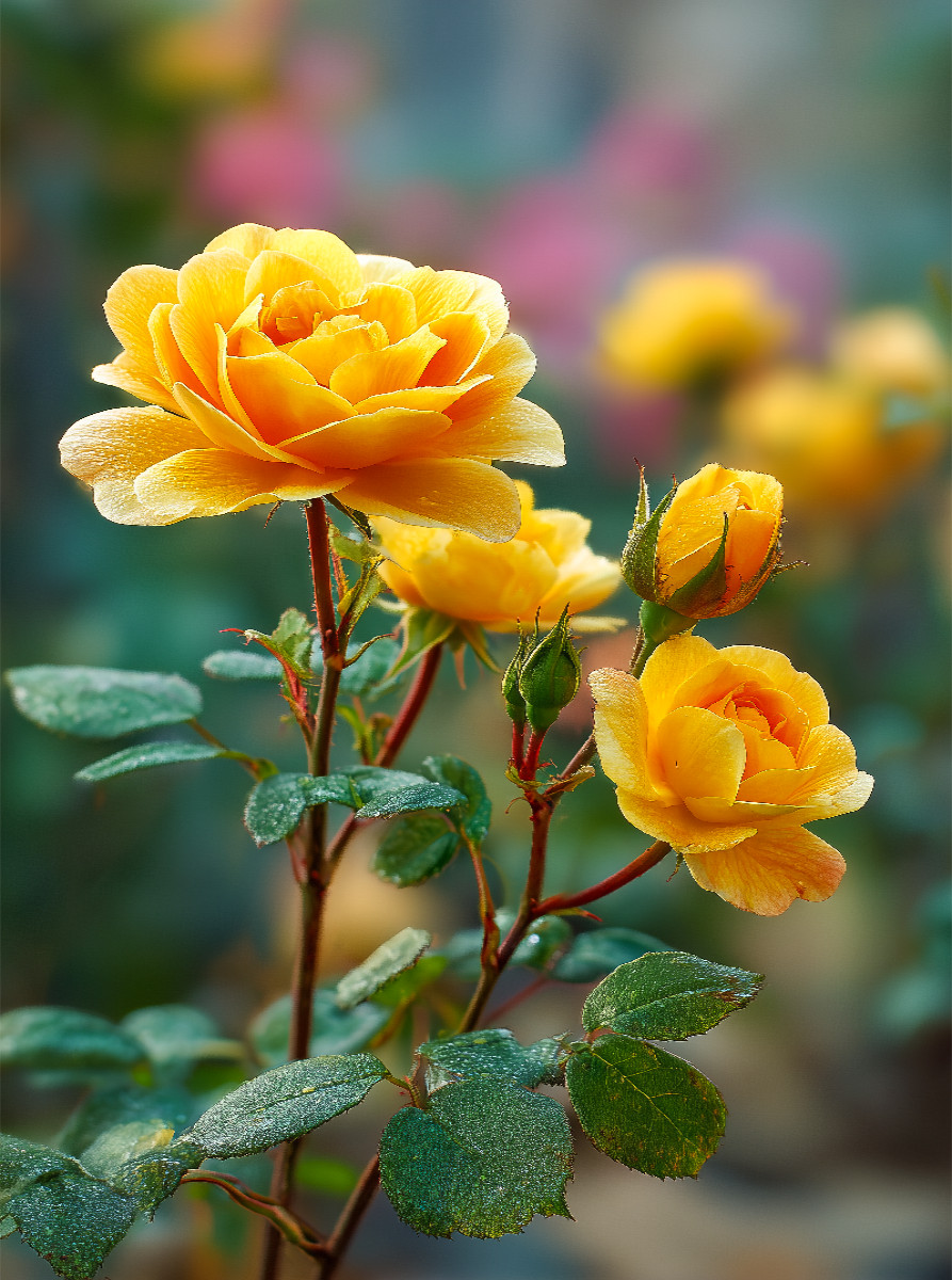 Gelbe Rosen blühend im Frühlingsgarten