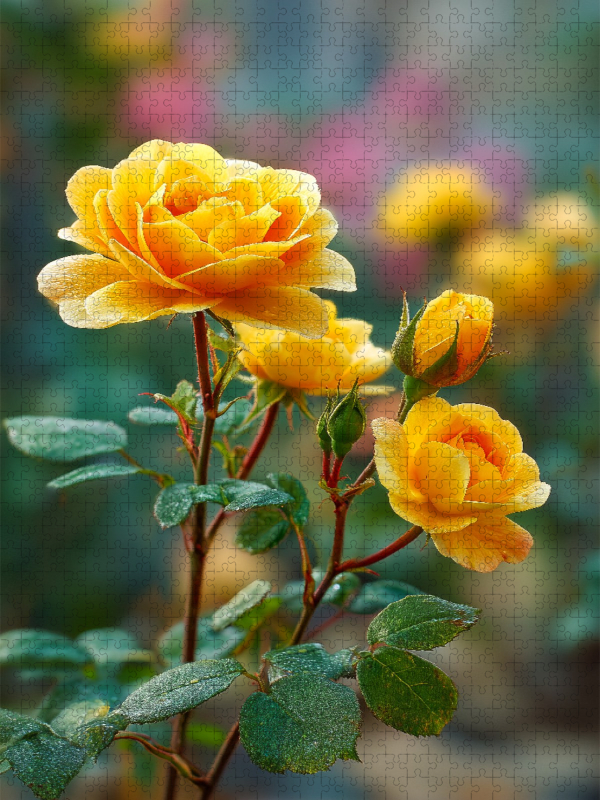 Gelbe Rosen blühend im Frühlingsgarten