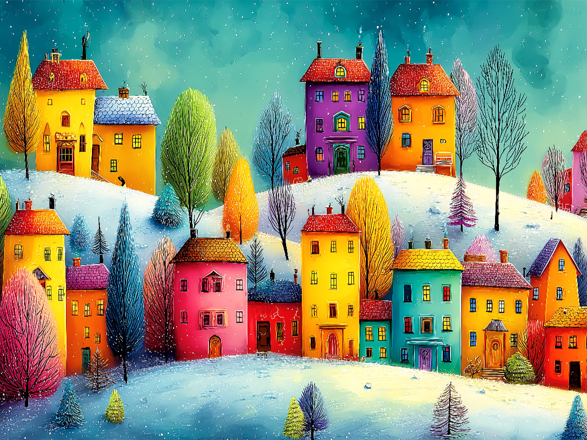 Bunte Häuser leuchten in einer verschneiten Winterlandschaft