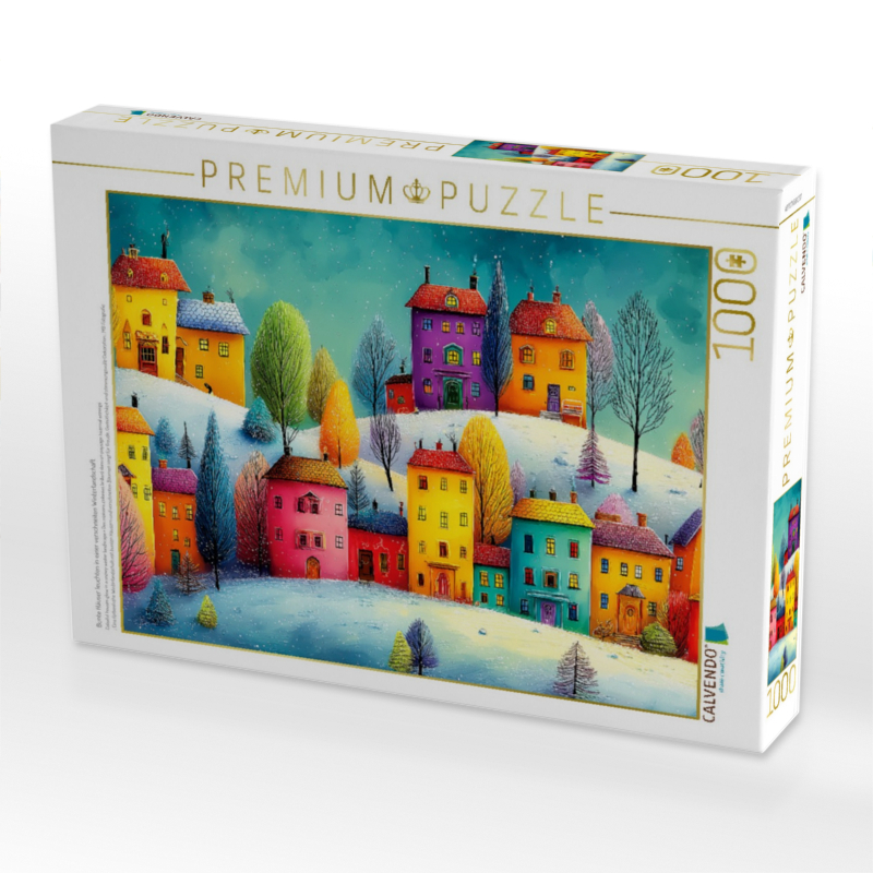 Bunte Häuser leuchten in einer verschneiten Winterlandschaft