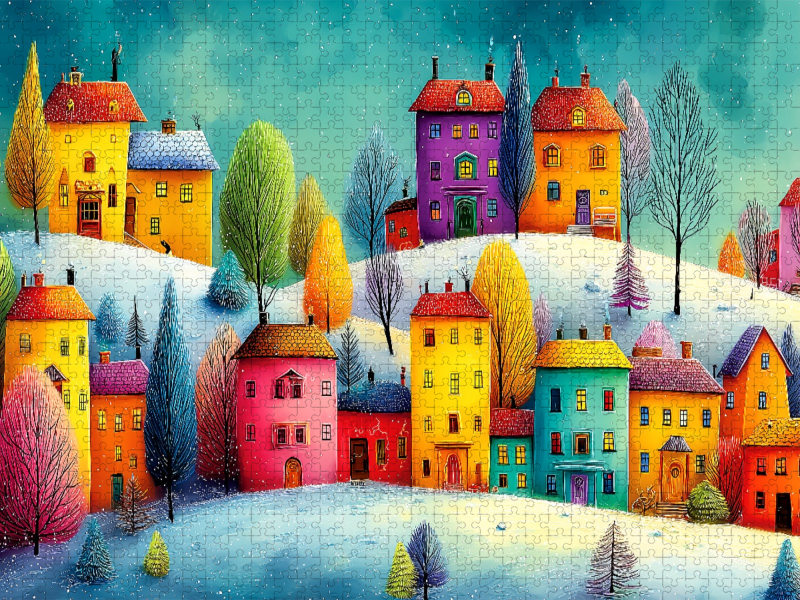 Bunte Häuser leuchten in einer verschneiten Winterlandschaft