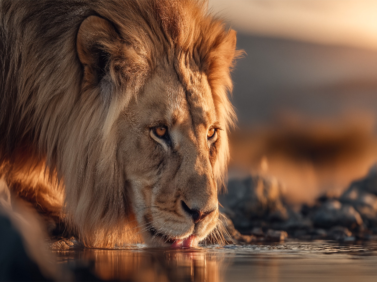 Der Löwe senkt den Kopf, um frisches Wasser zu trinken