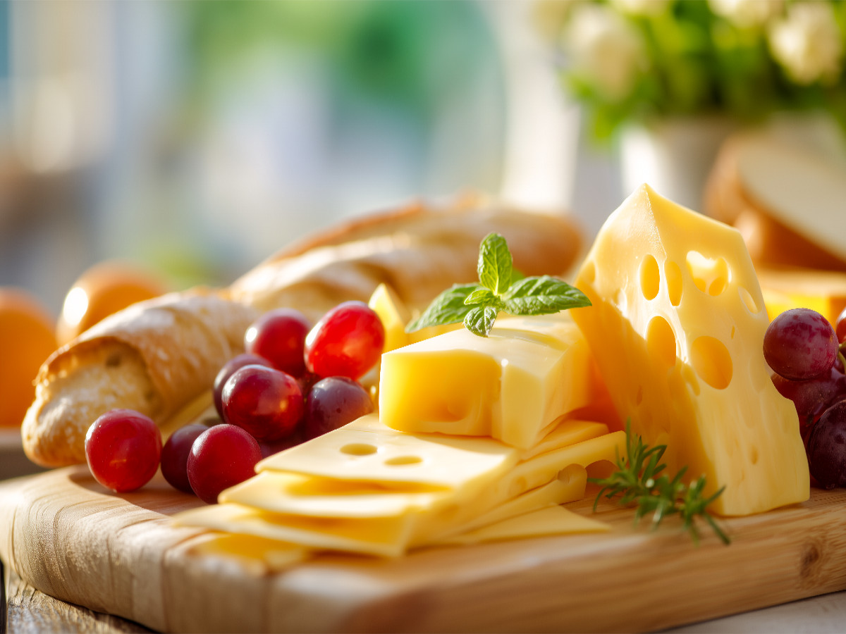 Schweizer Emmentaler Käse mit Trauben und Baguette