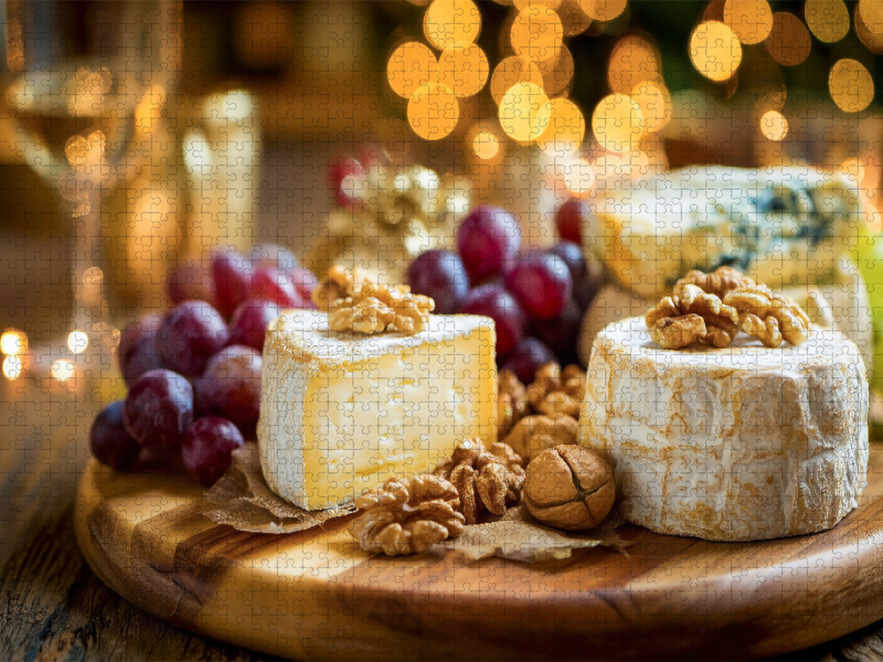 Käseplatte mit Camembert, Brie, Trauben und Nüssen
