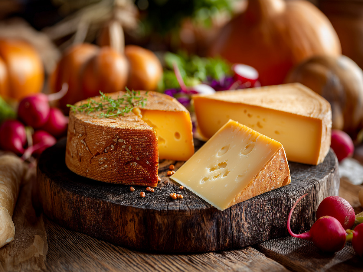 Gouda Käse auf rustikalem Holzbrett mit Gemüse