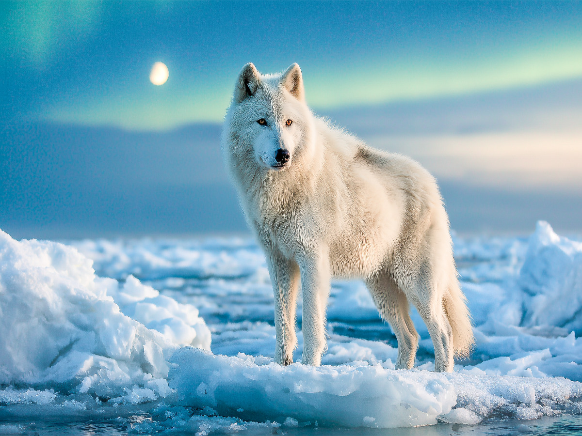 Weißer Wolf im Eis vor winterlicher Landschaft