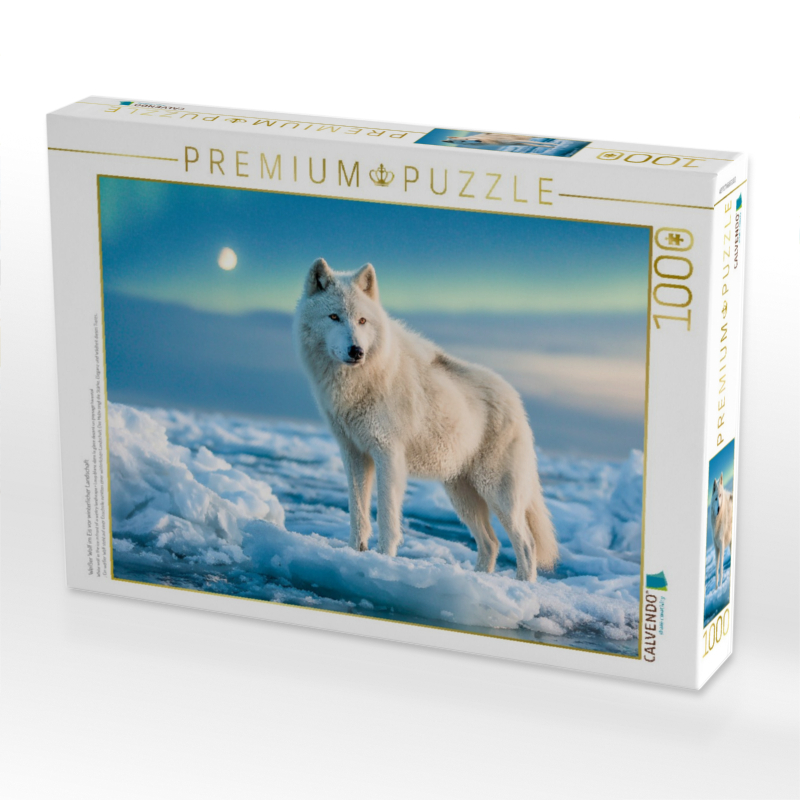 Weißer Wolf im Eis vor winterlicher Landschaft