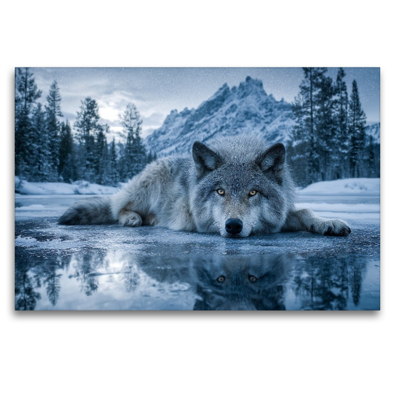 Wolf auf Eis im Winterwald