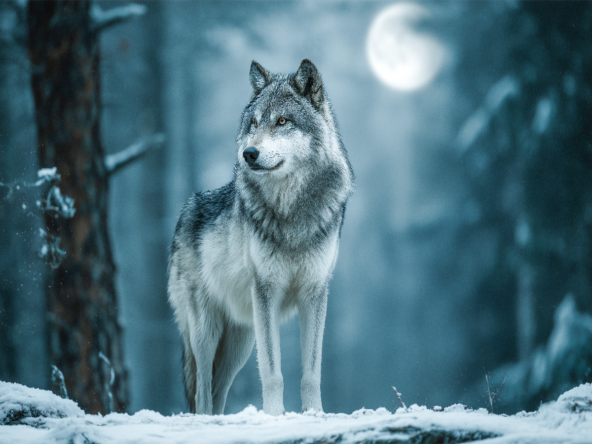 Grauer Wolf im Winterwald mit Vollmond