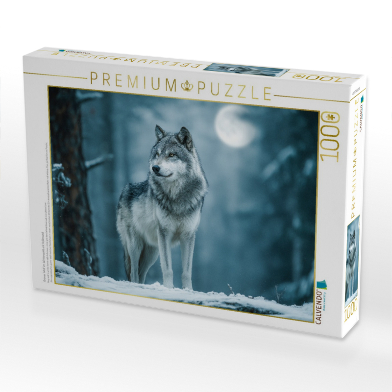 Grauer Wolf im Winterwald mit Vollmond