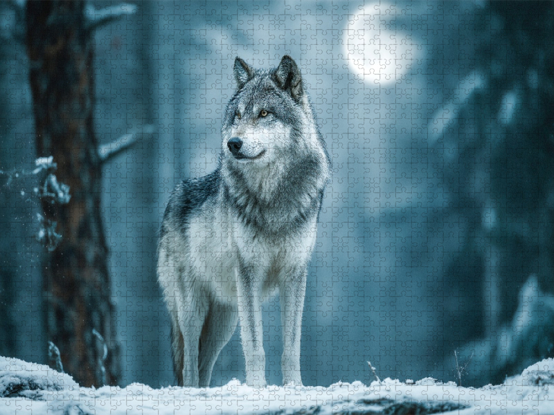 Grauer Wolf im Winterwald mit Vollmond