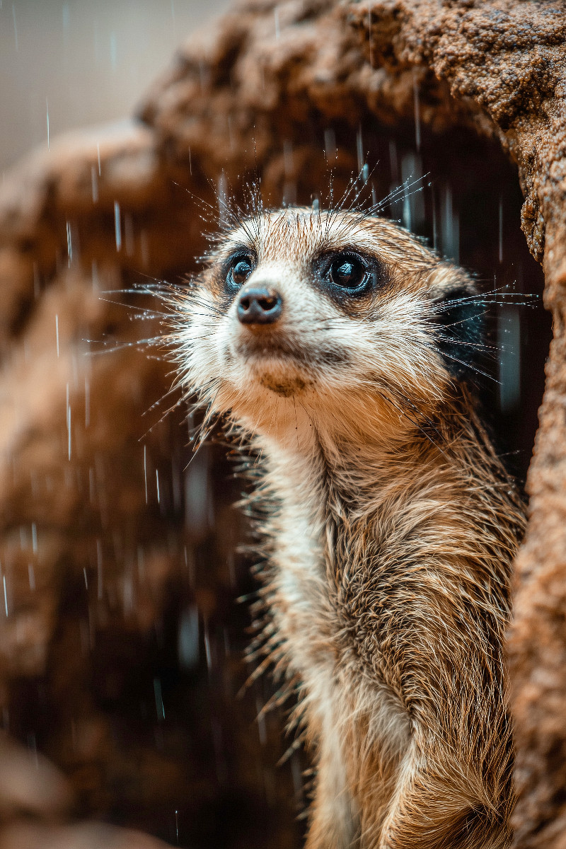 Erdmännchen im Regen mit neugierigem Blick