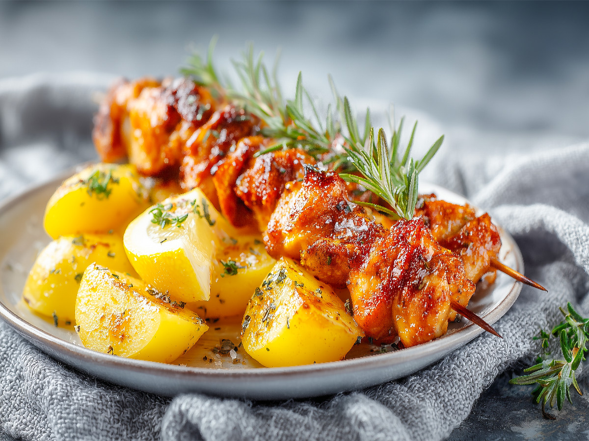 Saftige Hähnchenspieße mit Zitronenkartoffeln
