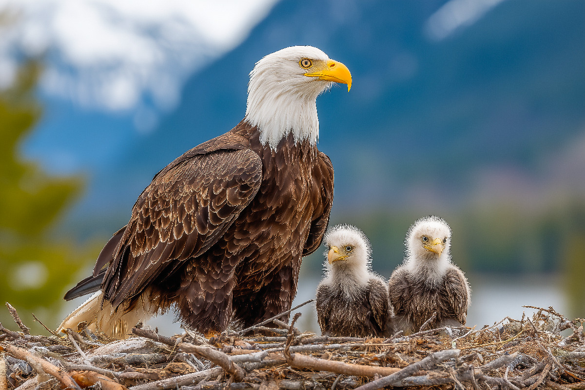 Weißkopfseeadler mit Jungvögeln im Nest vor Bergkulisse