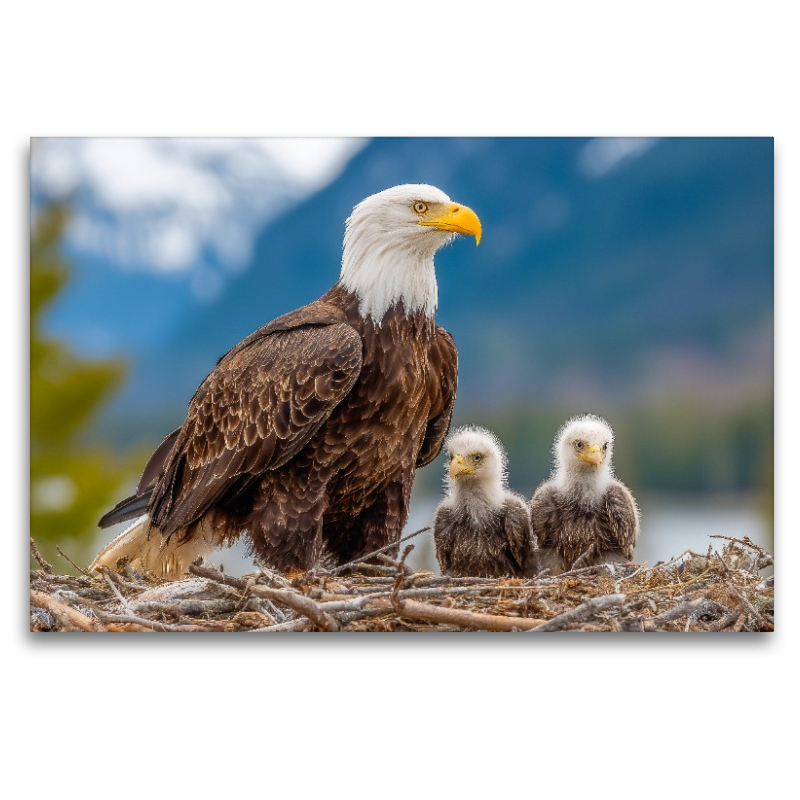 Weißkopfseeadler mit Jungvögeln im Nest vor Bergkulisse