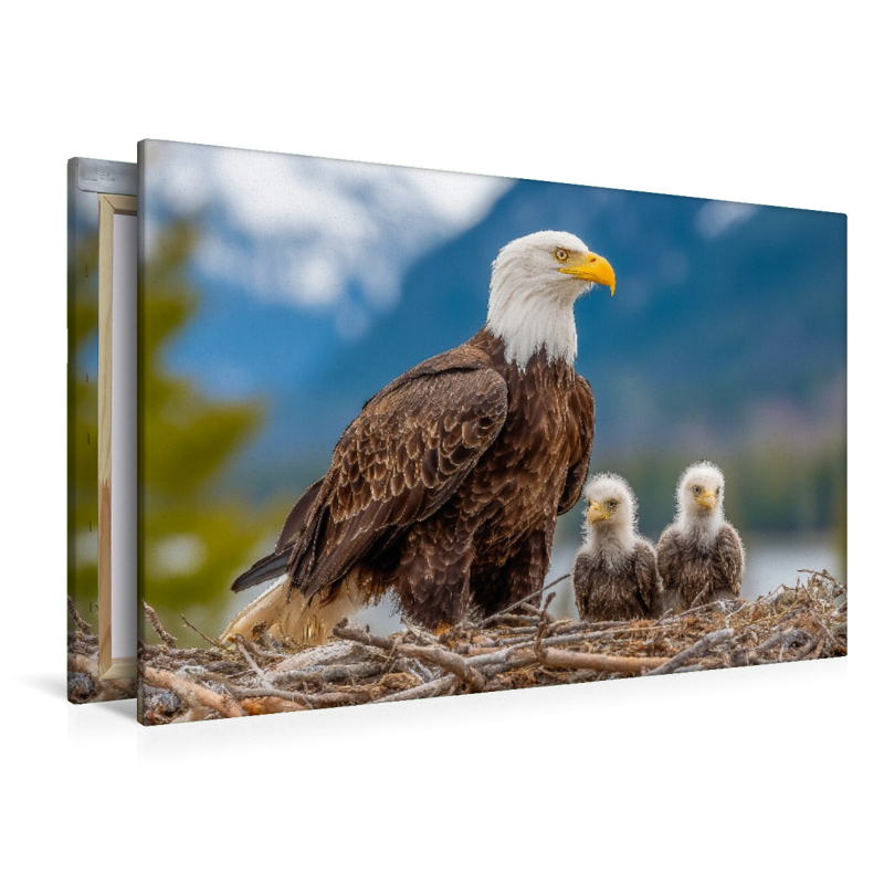 Weißkopfseeadler mit Jungvögeln im Nest vor Bergkulisse