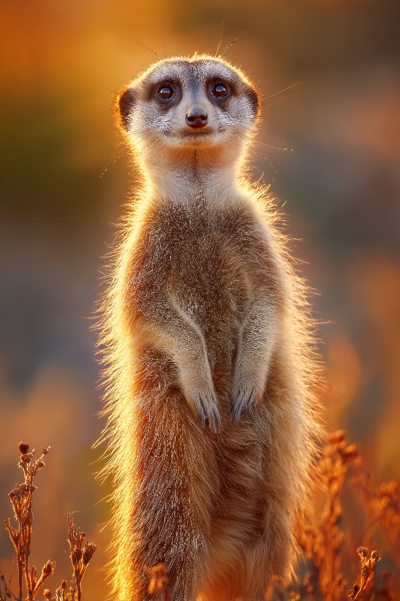Erdmännchen steht im Sonnenuntergang und blickt neugierig
