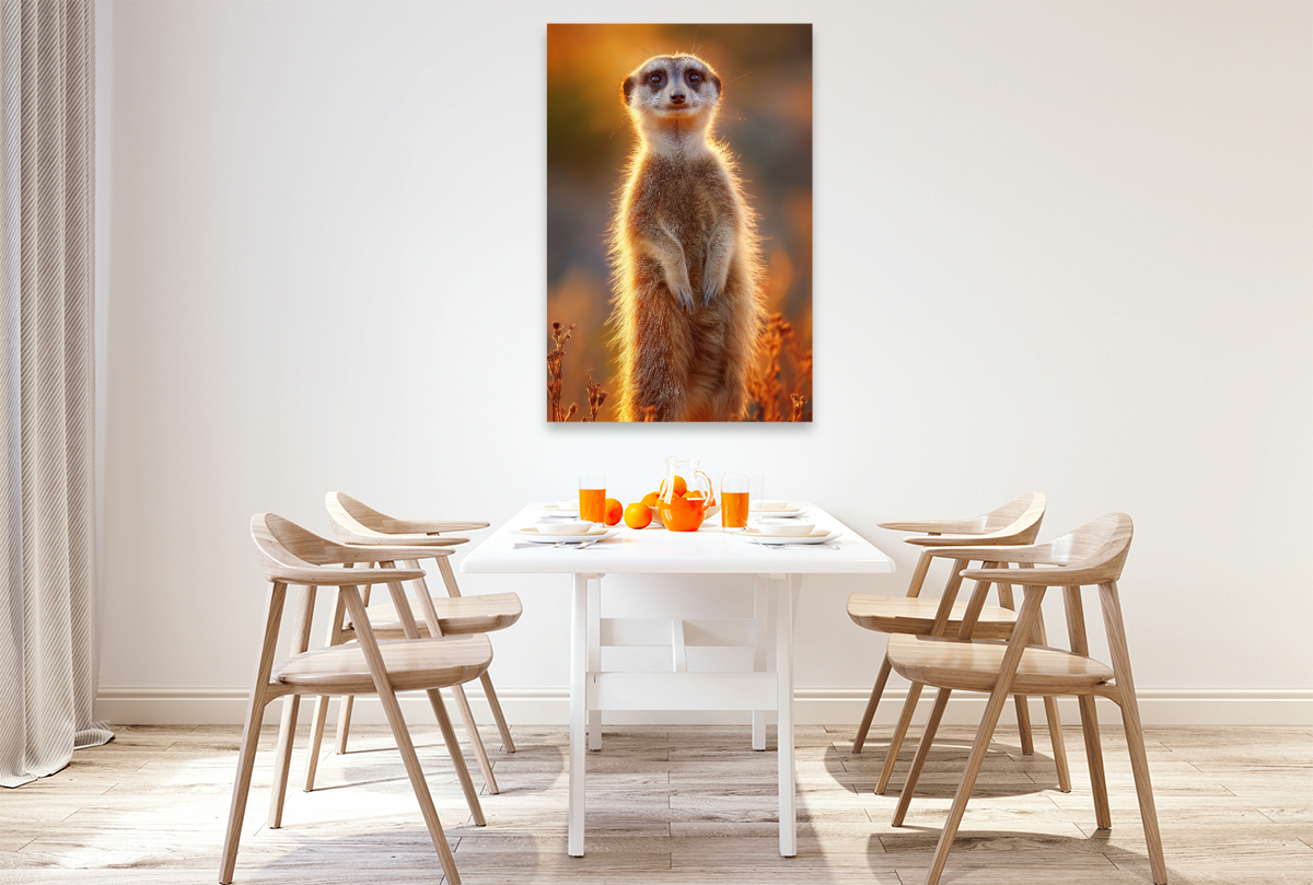 Erdmännchen steht im Sonnenuntergang und blickt neugierig