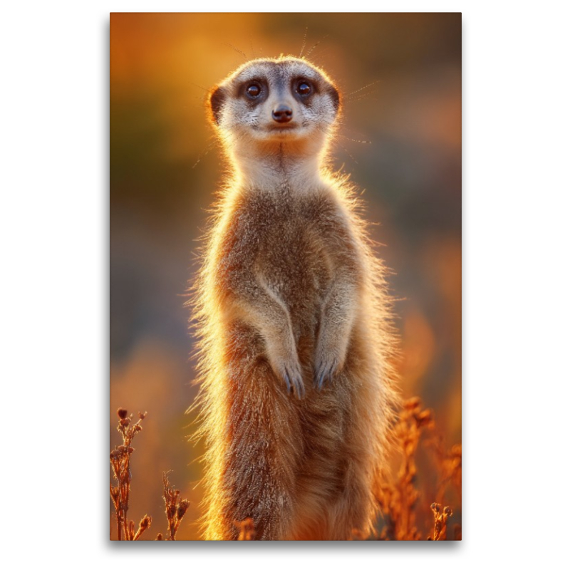 Erdmännchen steht im Sonnenuntergang und blickt neugierig