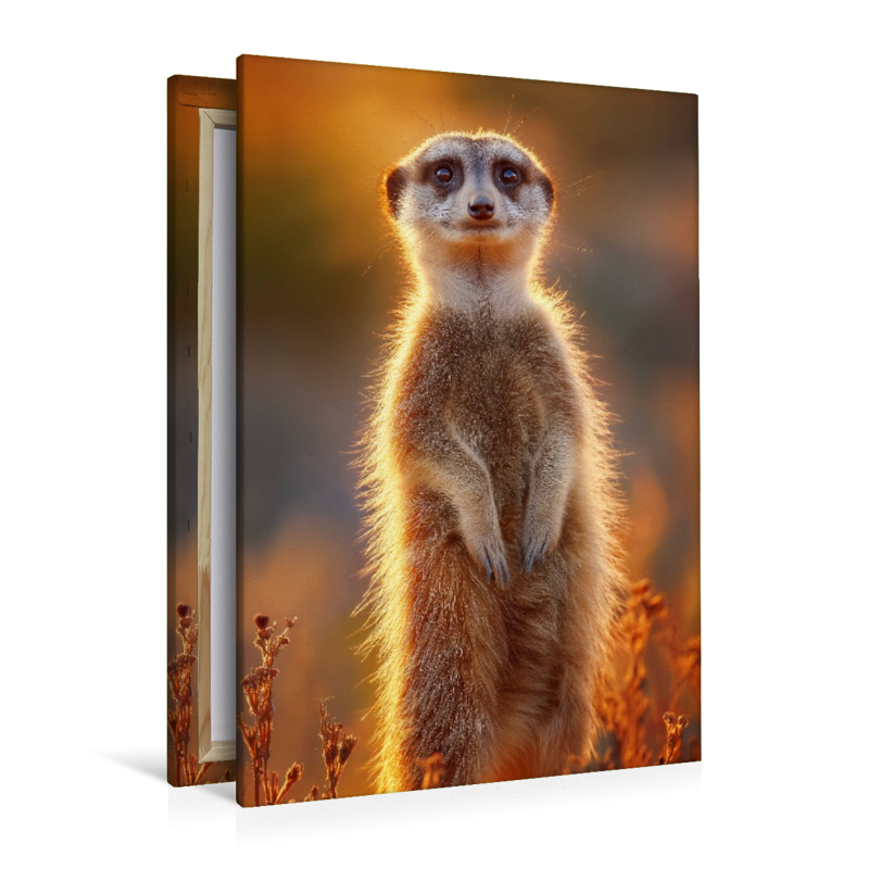 Erdmännchen steht im Sonnenuntergang und blickt neugierig