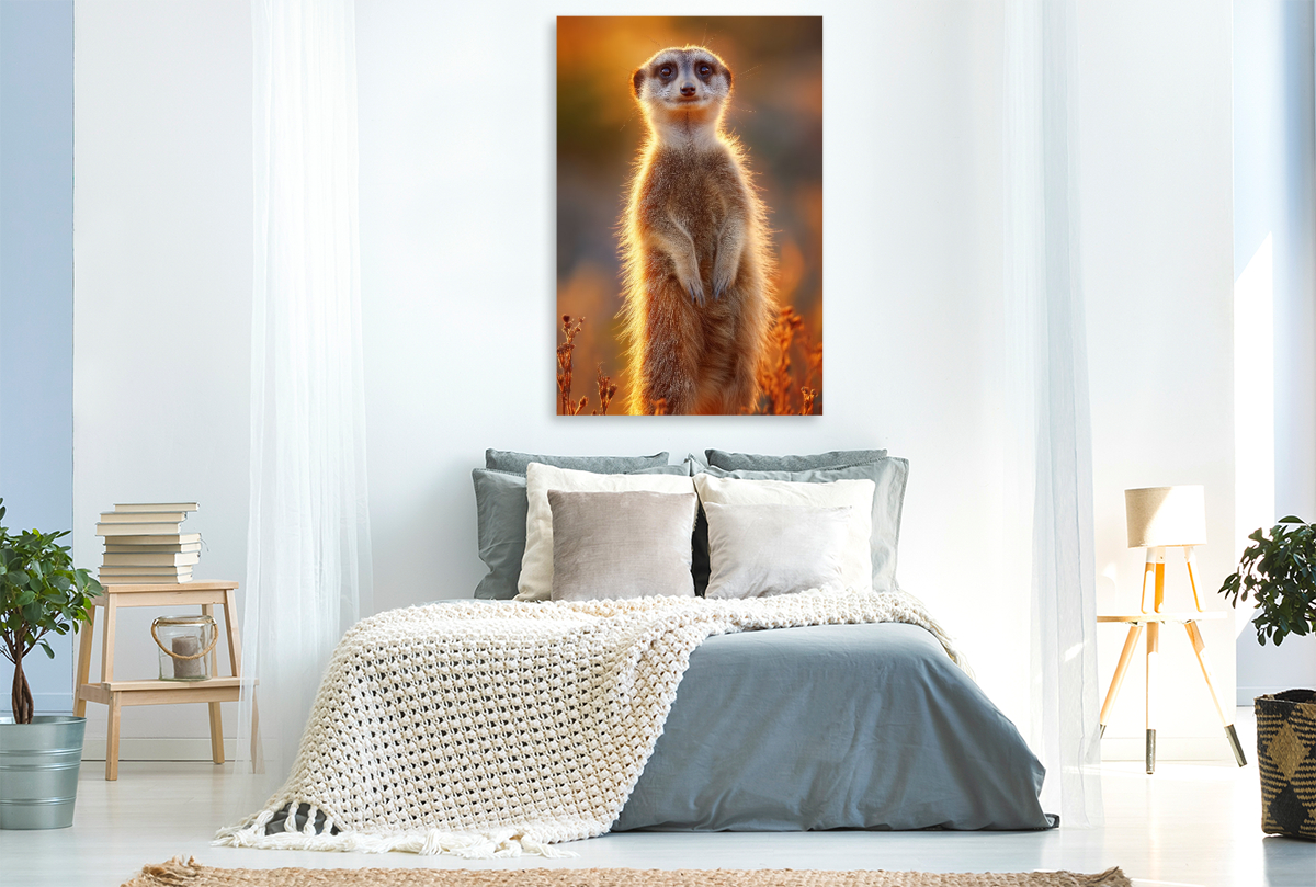 Erdmännchen steht im Sonnenuntergang und blickt neugierig